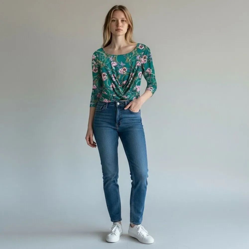 Almost Famous Green Pink God Floral Twisted Front Crop Top 3/4 Quarter Sleeve S